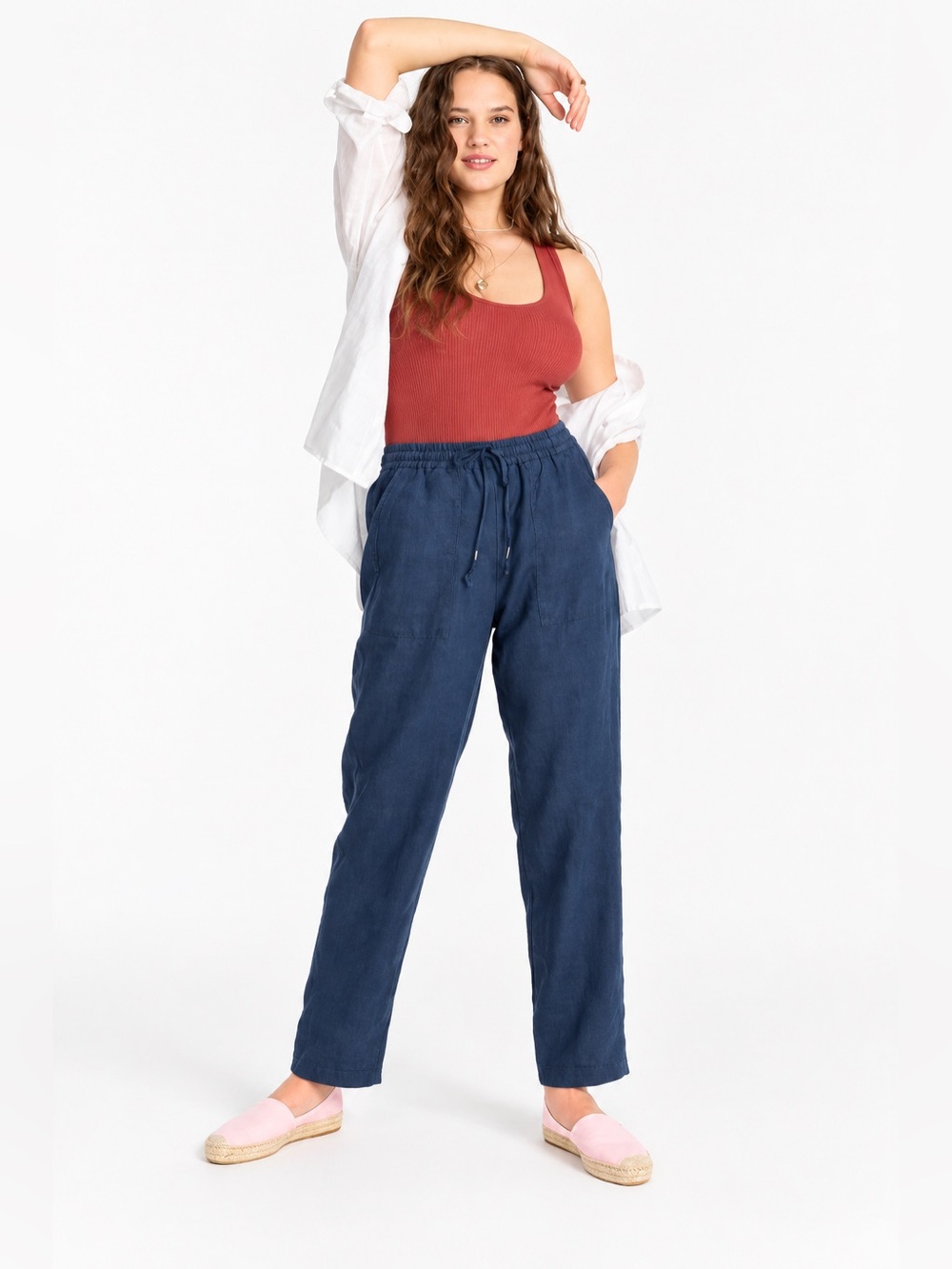 J.Crew Seaside Linen Blend Pull-On Pants Blue 2X Drawstring